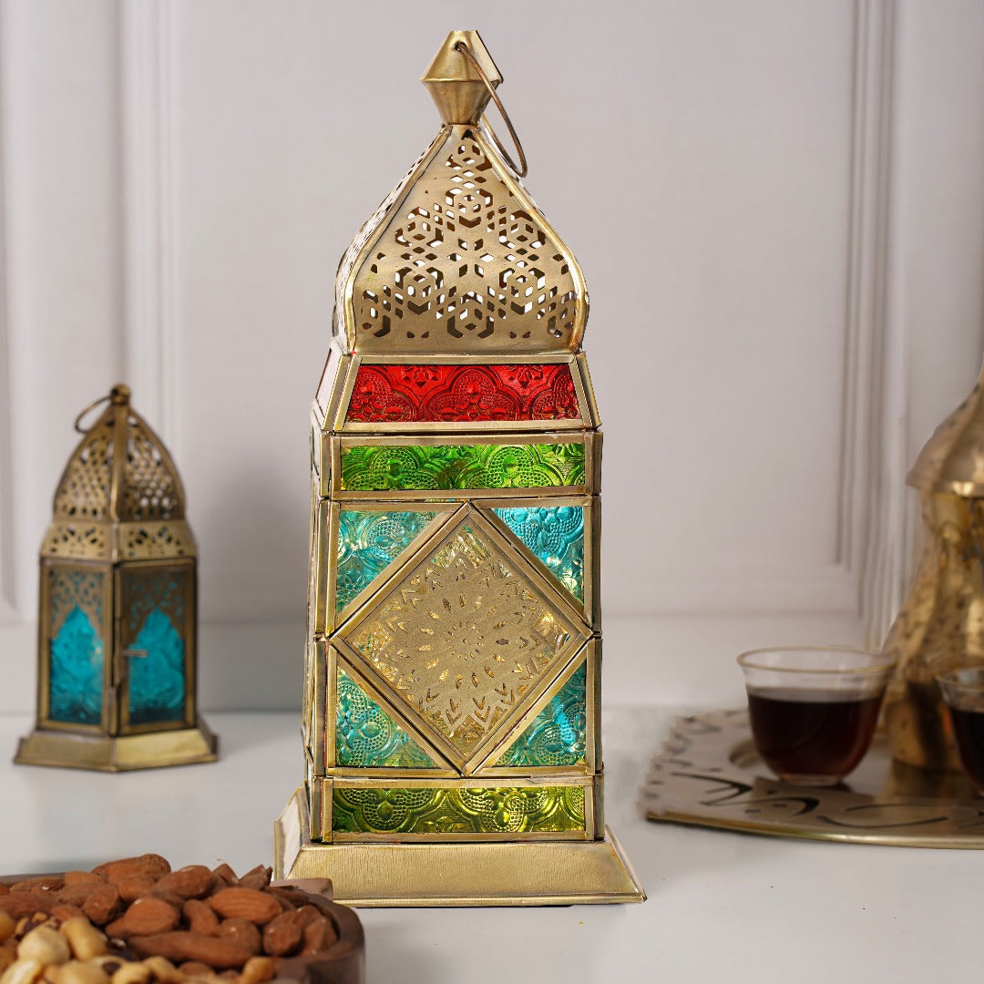 Authentic Handmade Moroccan Golden Lantern - Brass Antique - Multi Color